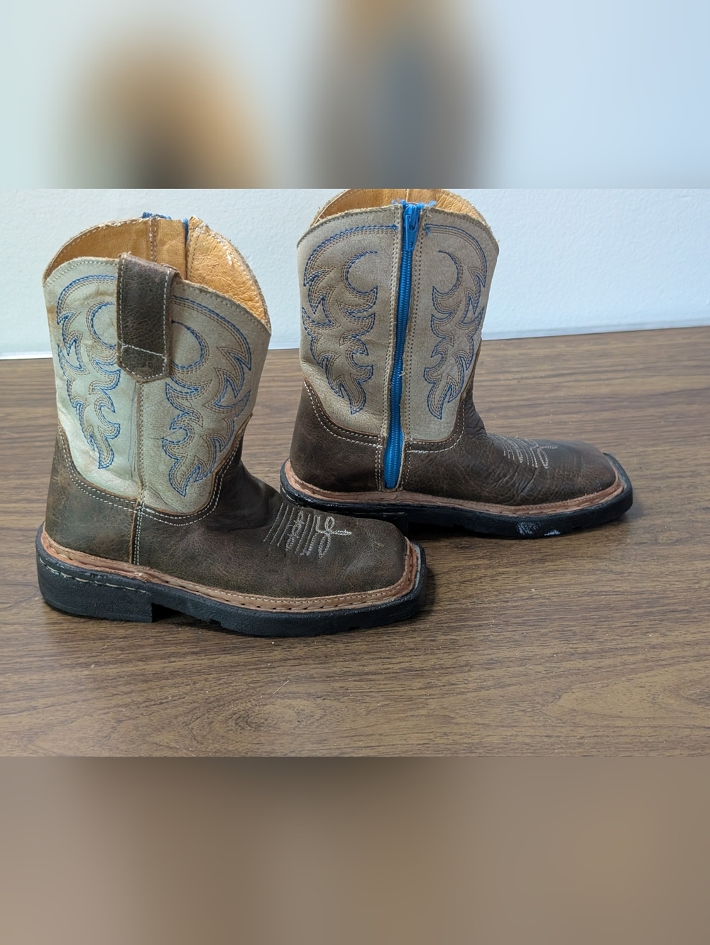 Roper Children's Brown Leather Cowboy Boots with Cream Shaft and Blue Stitching